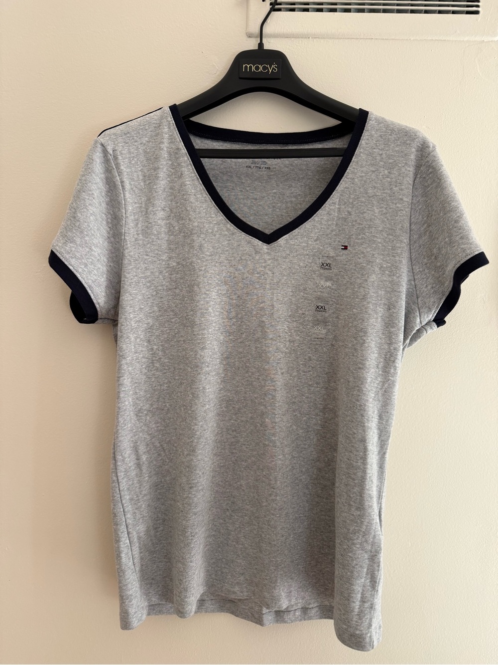 Tommy Hilfiger Light Gray V-Neck Tee with Navy Trim
